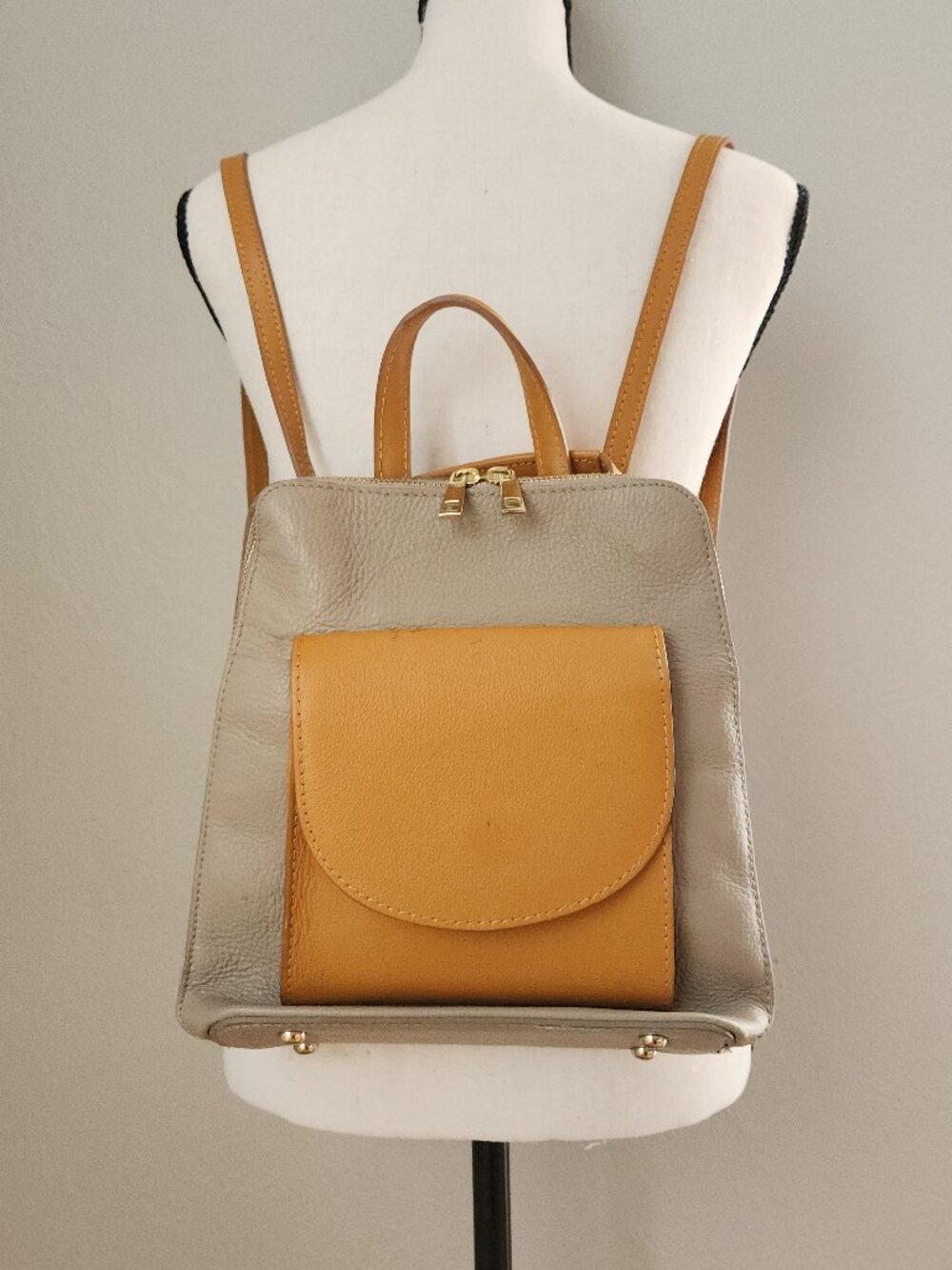 Gray and Mustard Leather Backpack - Designer Style